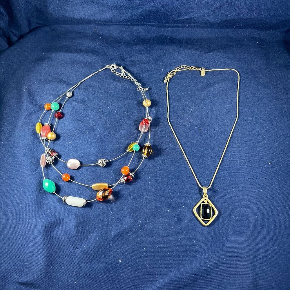 Lia Sophia Double Necklace Set With Multicolor Beads & Black Gem Pendant Gold Ch